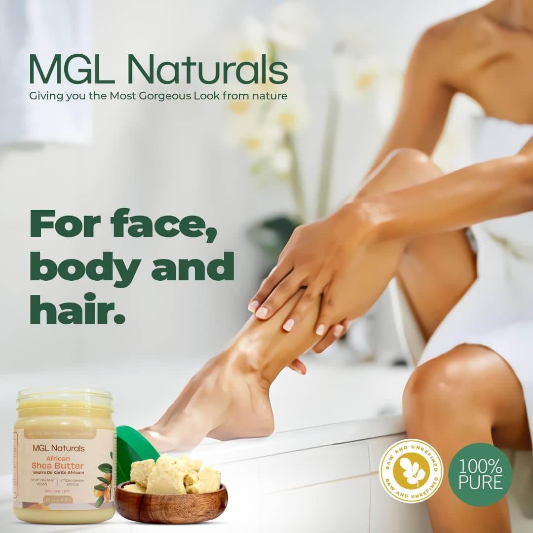 MGL Naturals Raw African Shea Butter Ivory, 100% Pure, and Unrefined. Nourish and moisturize hair and skin. Use alone or DIY recipes. From Ghana, West Africa. 16oz in jar