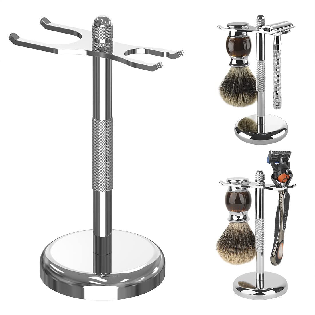 Linkidea Stainless Steel Safety Razor Stand, Brush Shaving Holder, Deluxe Men's Shaving Holder Base, Brush and Razor Holder Stand with Non-slip Base (2 Prong)
