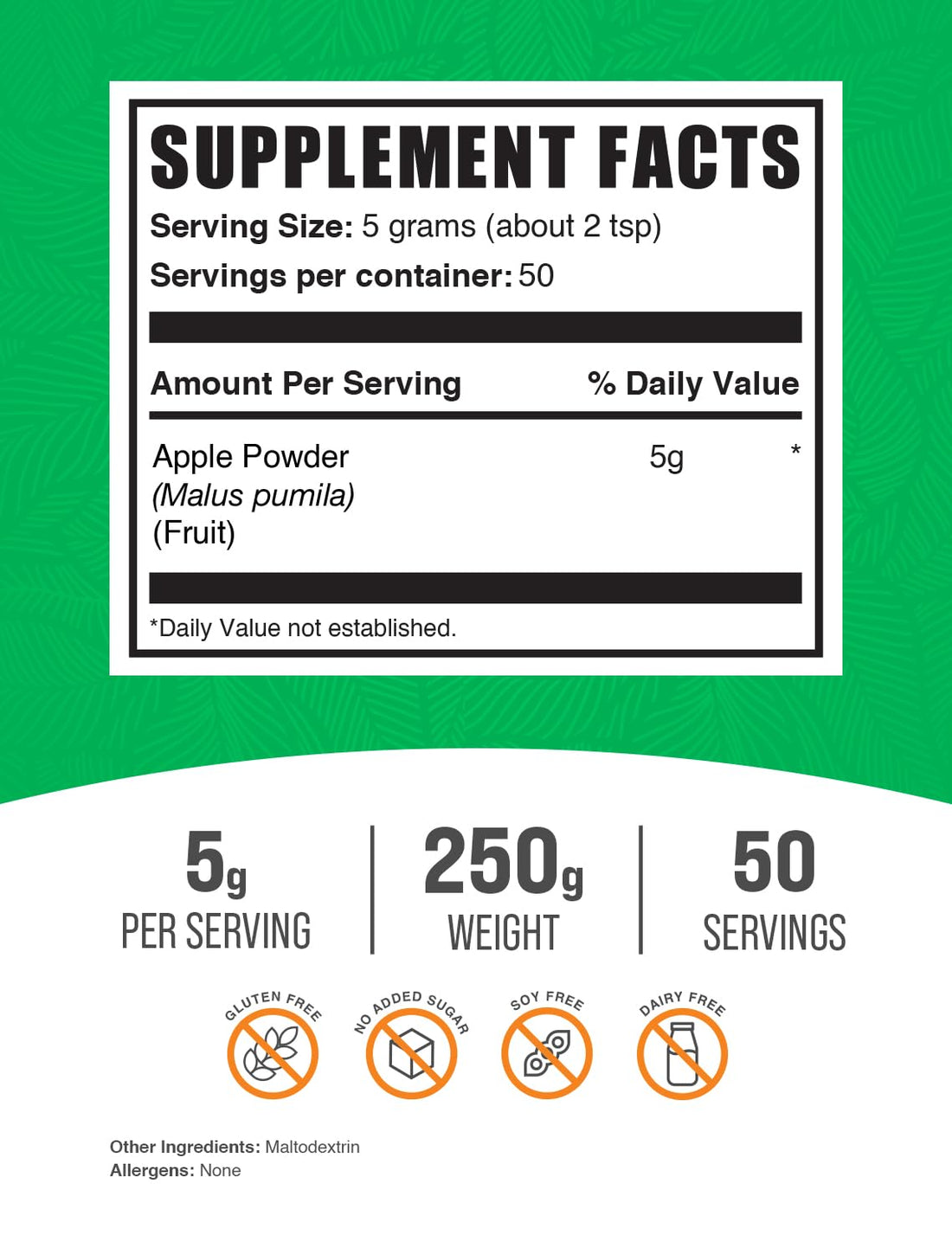 BulkSupplements.com Apple Powder - Apple Fruit Powder, Superfood for Digestive Support - Natural & Gluten Free, 5g per Serving, 250g (8.8 oz) (Pack of 1)