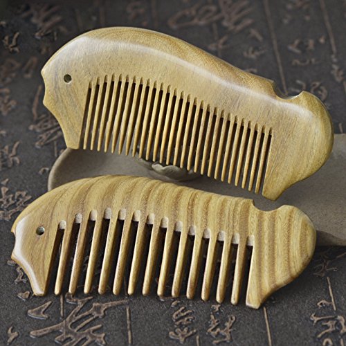Pack of 2 100% Handmade Natural Green Sandalwood Hair Combs-Exquisite Fish Shapes Hand-sized Anti-Static Hair Detangler Wooden Pocket Comb-Wide Tooth & Fine Tooth Hair Combs(Wide Tooth & Fine Tooth)