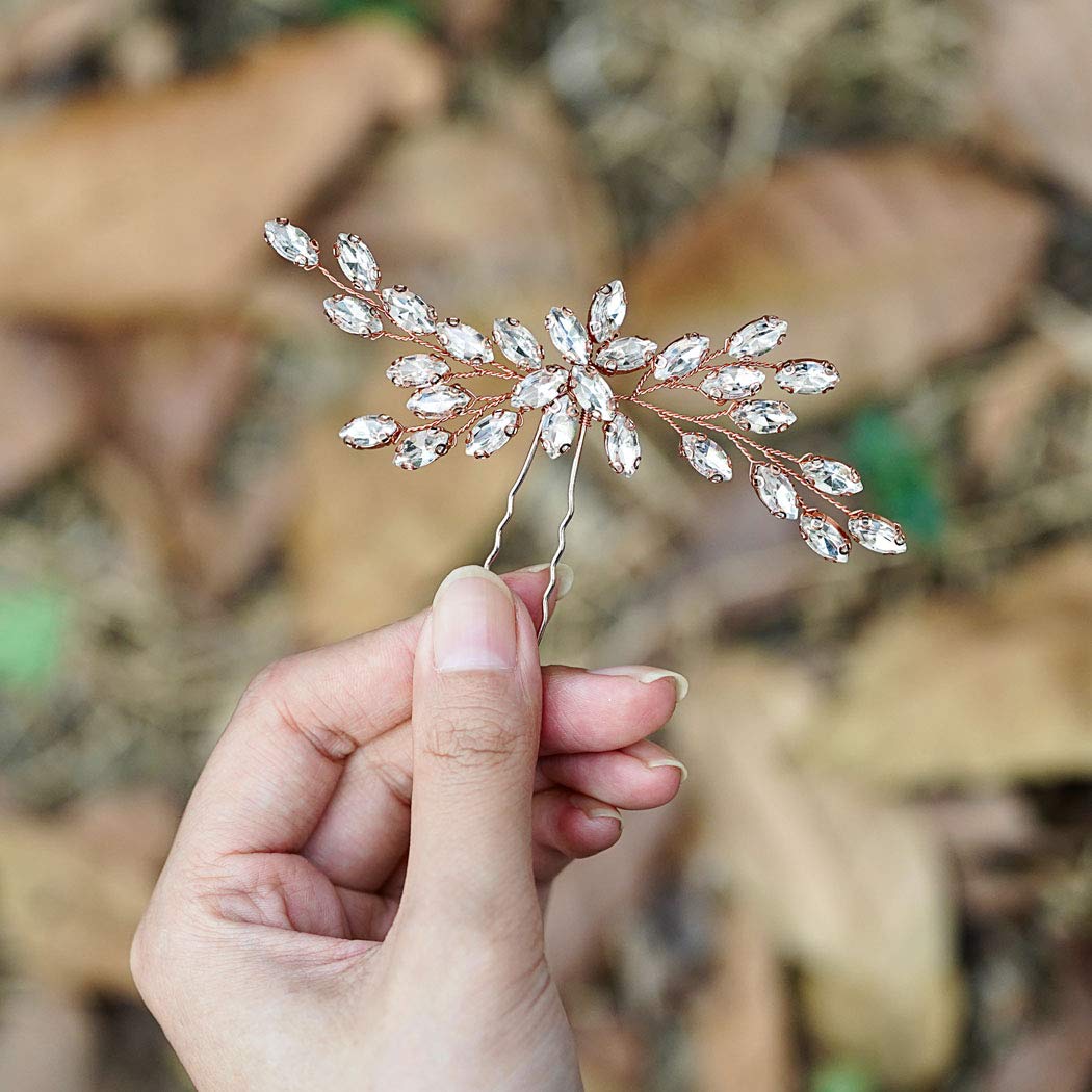 Unicra Bride Wedding Crystal Hair Pins Bridal Hair Pieces Wedding Hair Accessories for Women and Girls (Rose Gold)