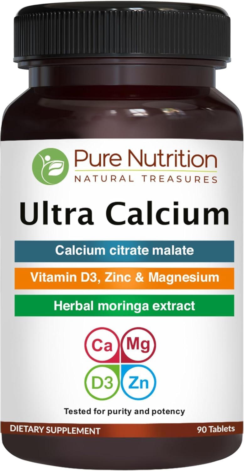 Pure Nutrition Ultra Calcium Citrate 1000mg Highly absorbable Calcium Supplement with Calcium Citrate Malate, Vitamin D, Zinc and Magnesium - 1 Tablet Daily (90 Veg Tabs) Non-GMO | Gluten-Free