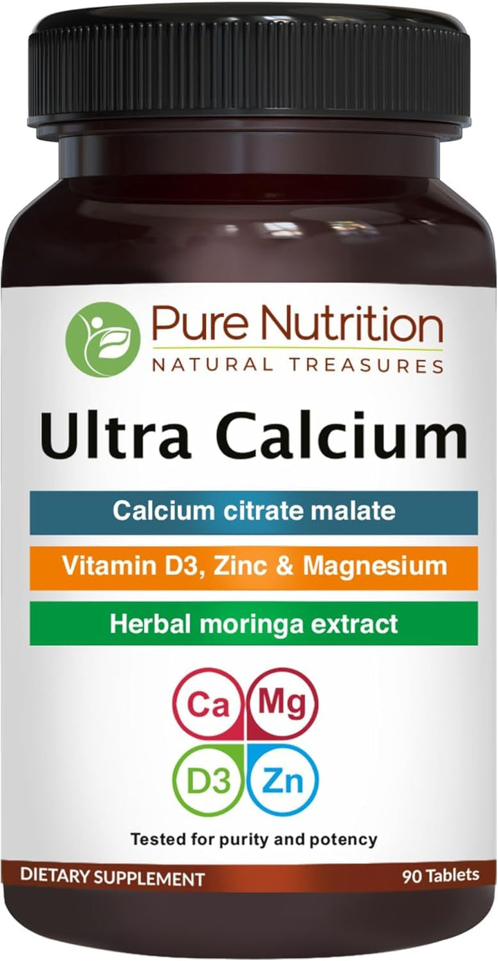 Pure Nutrition Ultra Calcium Citrate 1000mg Highly absorbable Calcium Supplement with Calcium Citrate Malate, Vitamin D, Zinc and Magnesium - 1 Tablet Daily (90 Veg Tabs) Non-GMO | Gluten-Free