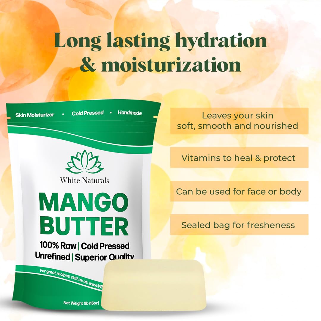 Mango Butter Raw Organic Unrefined Natural Pure Skin & Hair Moisturizer, Cold Pressed, Use with Shea in DIY Whipped Body Butter, Soap Making, Mango Seed Body Lotion, Lip Balm Hand Cream 16oz Block