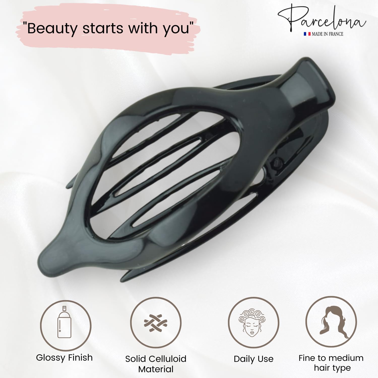 Parcelona France Wide Beak Celluloid Tortoise Shell Side Slide-in Hair Claw Clip (Black)