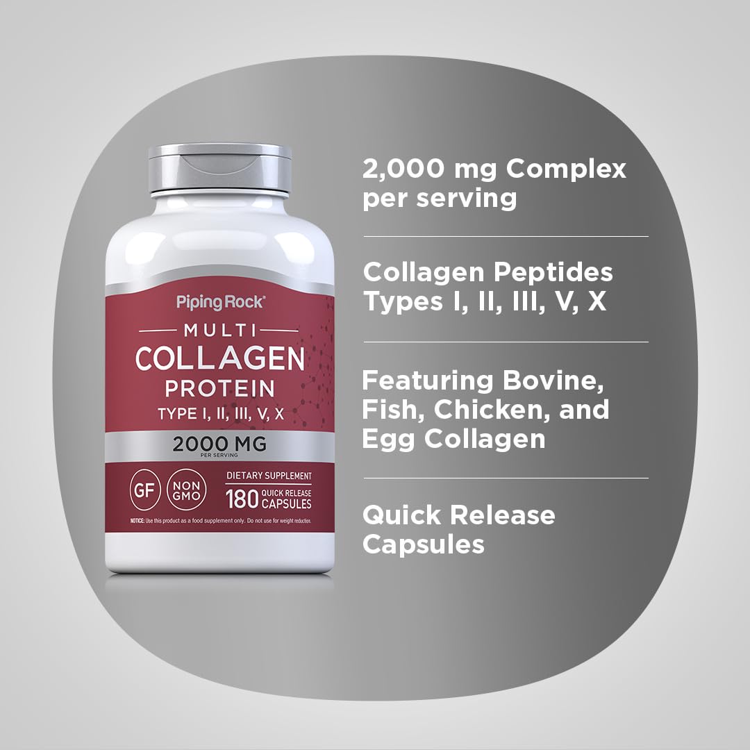 Piping Rock Multi Collagen Protein | 180 Capsules | 2000mg | Types I, II, III, V, X | Non-GMO, Gluten Free