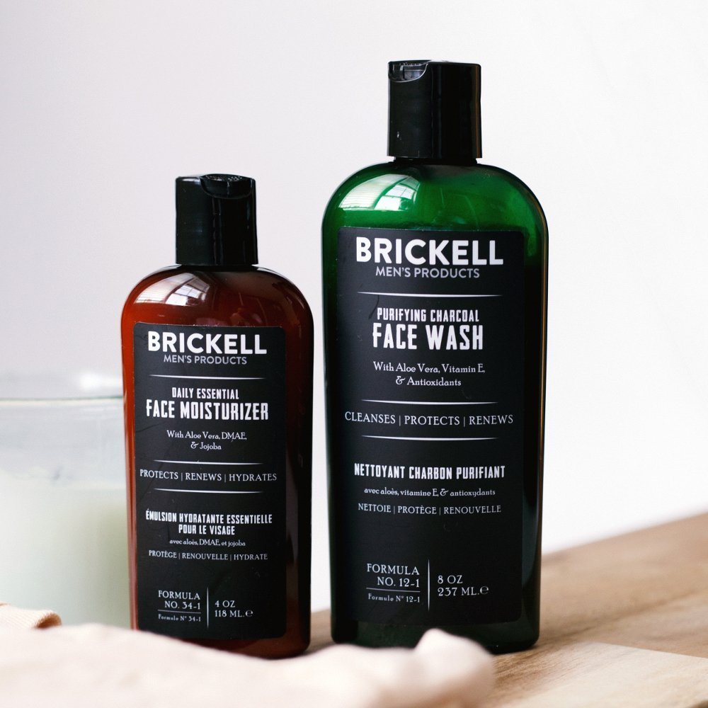 Brickell Men's Daily Essential Face Care Routine II - Face Moisturizer Lotion & Activated Charcoal Facial Cleanser Wash - Natural & Organic
