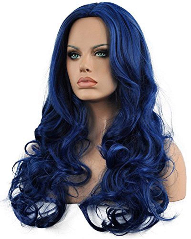 Kaneles Long Curly Wavy Blue Wigs for Women Ultra Soft Heat Resistant Fiber Party Cosplay Accessories (Blue)