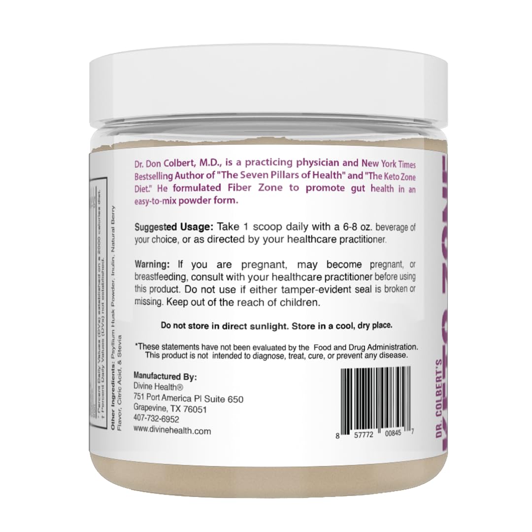 Divine Health Fiber Zone Powder | Berry Flavor | Recommended in Dr. Colbert's Gut Zone Book | Prebiotics, Isoluble & Soluble | Psyllium Husk & Inulin | 6g Fiber | 9.52 oz