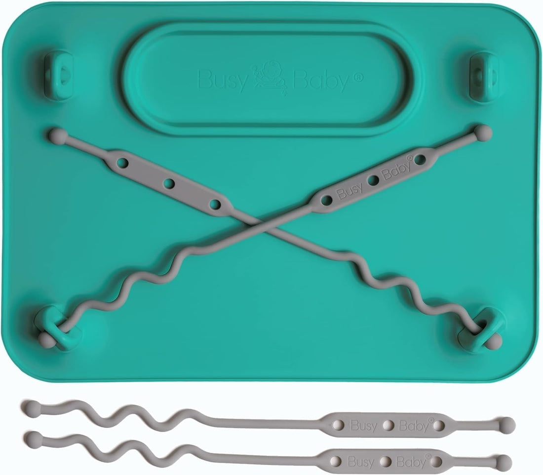 BUSY BABY Silicone Mat - Suction Cups, 4 Straps to Secure Baby Essentials, Self Feeding, Baby Led Weaning, Travel Sleeve Included (Spearmint)
