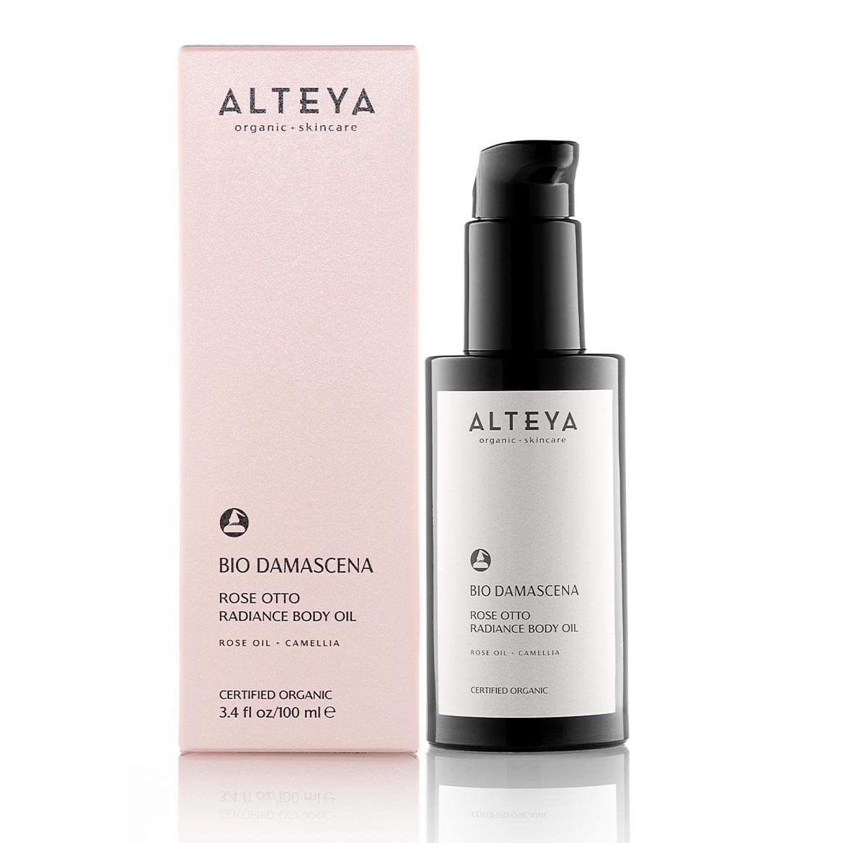 Alteya Organics Bio Damascena Rose Otto Radiance Body Oil - Certified Organic Body Moisturizer With Rose and Camellia Oil - Winner of Delicious Living Magazine Gold Award - 3.4Fl Oz/100mL