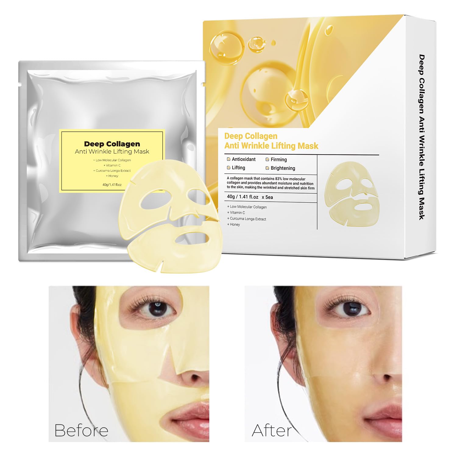 MUQIAN Vitamin C & Turmeric Hydrating Collagen Face Mask Sheet with Honey for Radiant Skin for Lifting, Firming, and Moisturizing 40g x 5ea