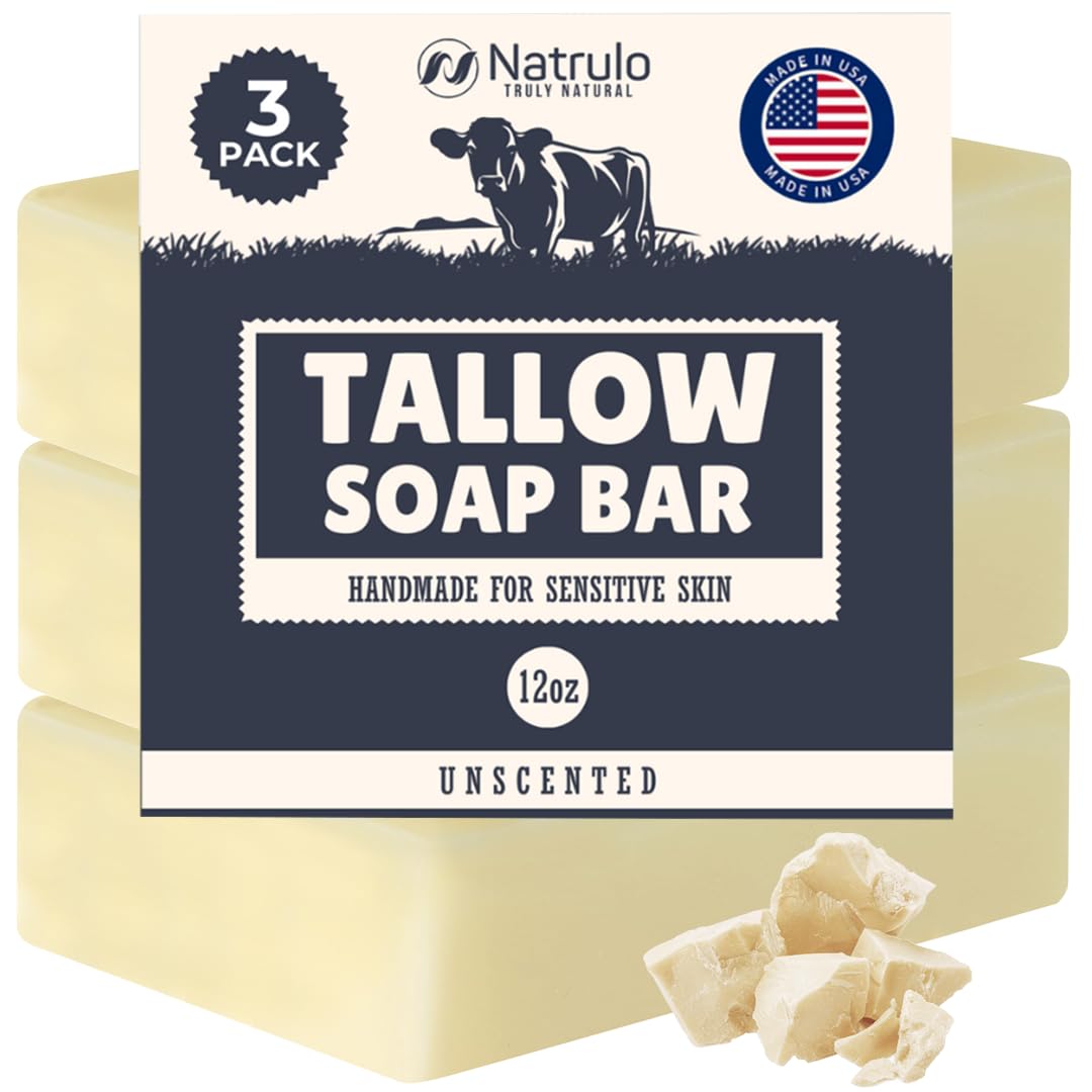 Beef Tallow Soap Bar – All Natural Grass Fed Tallow Soap Unscented – Moisturizing Face & Body Wash Great for Eczema, Dry, Itchy, Sensitive Skin – Handcrafted Bath Soap for Adults, Kids, Made in USA