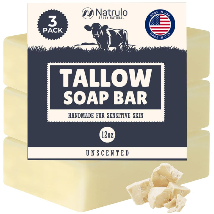 Beef Tallow Soap Bar – All Natural Grass Fed Tallow Soap Unscented – Moisturizing Face & Body Wash Great for Eczema, Dry, Itchy, Sensitive Skin – Handcrafted Bath Soap for Adults, Kids, Made in USA