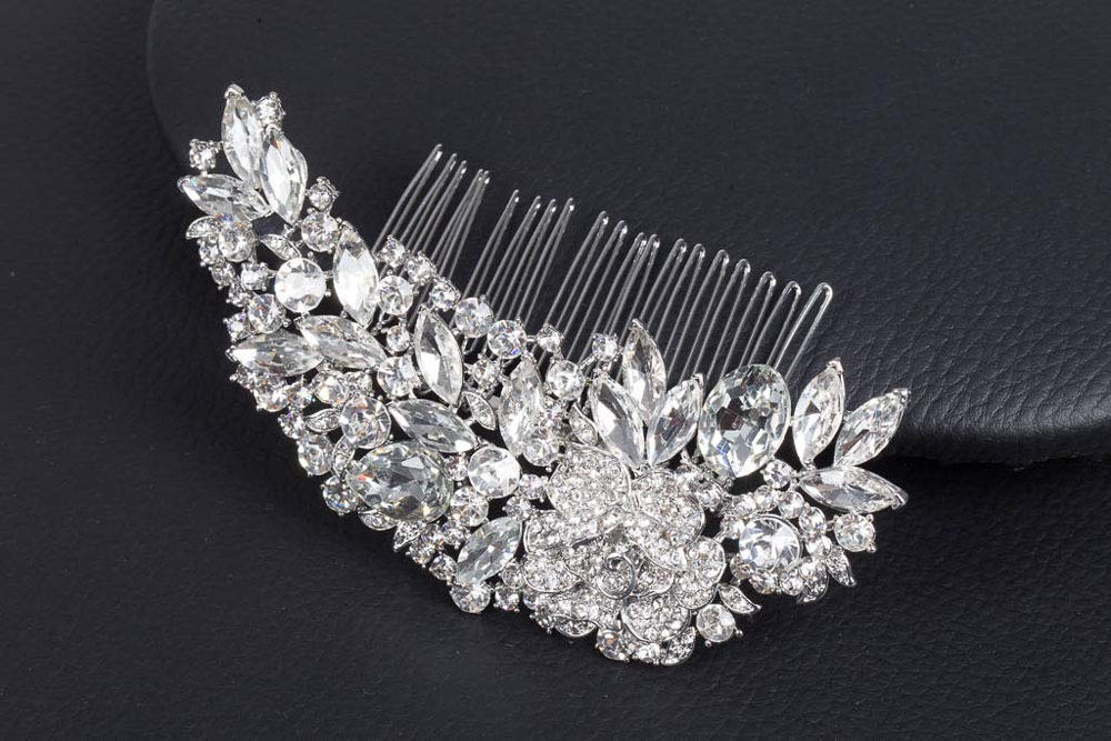 Deniferymakeup Bridal Comb Floral Silver Crystal Leaf Bridal Hair Comb Vintage Inspired Hairpiece Bridal Hair Accessories Crystal Comb Veil Clip