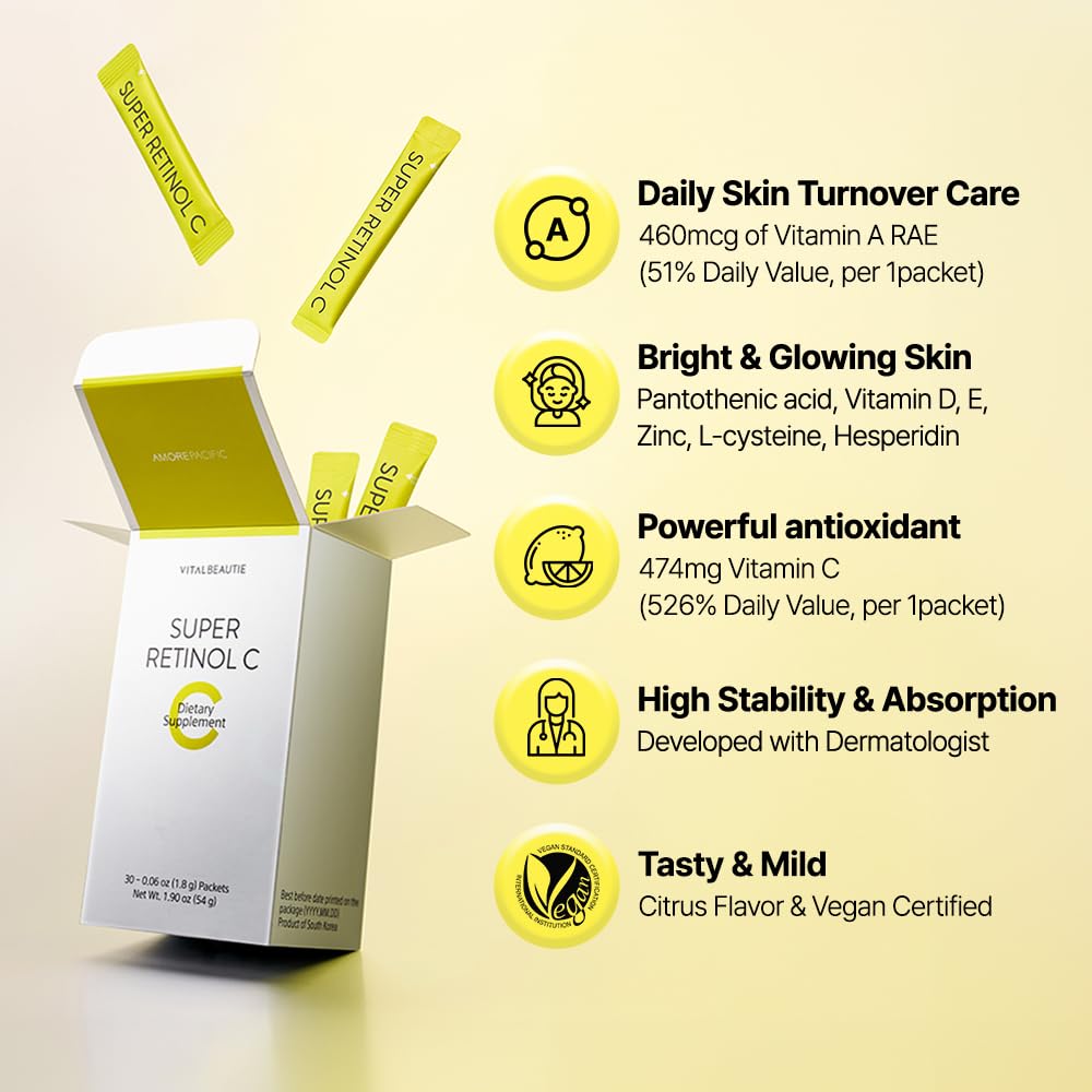 VITALBEAUTIE Super RetinolC (Powder, Skincare Supplement) - Retinol, Vitamin A, C, D, E, Pantothenic Acid, Zinc, L-Cysteine for Skin Radiance and Tone Vegan Authorized AMOREPACIFIC - 30 Packets