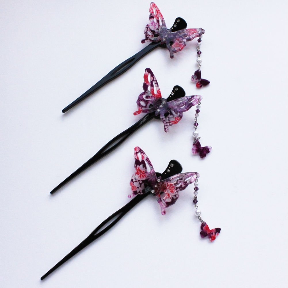 Kanzashi Japanese Chirimen Hair Pin Stick Butterfly Design (Purple)