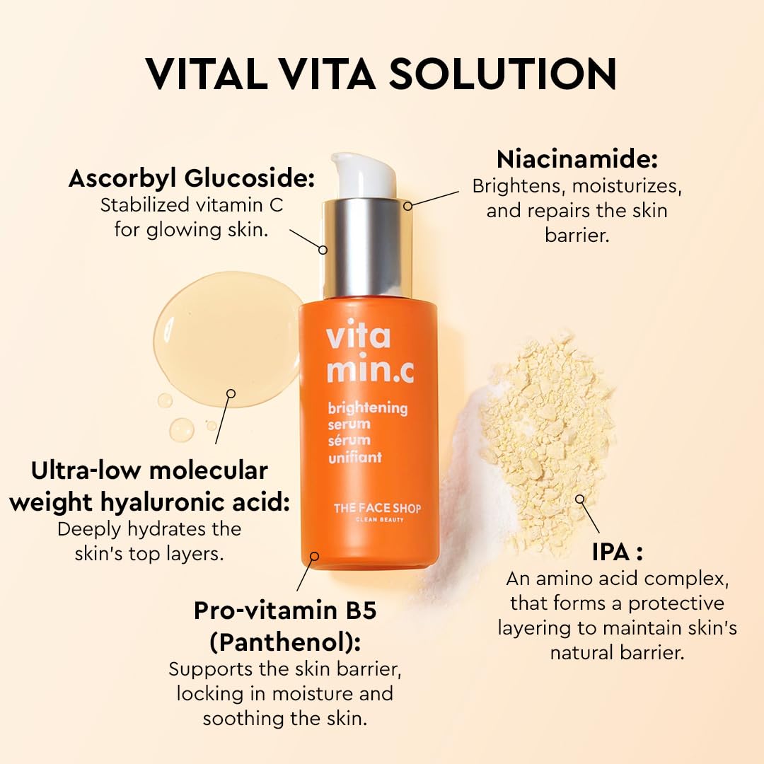 The Face Shop Vitamin C Skin Brightening Serum - Brighten Complexion, Fade Dark Spots, Improve Dull & Uneven Skin Tone - Vitamin C Face Serum, Hyaluronic Acid, Niacinamide Serum - Korean Skin Care