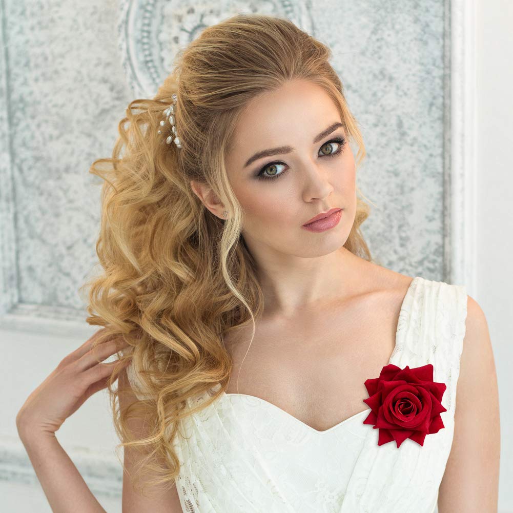 QtGirl Red Metal Rose Brooch Hair Clip for Women's - Pack of 3