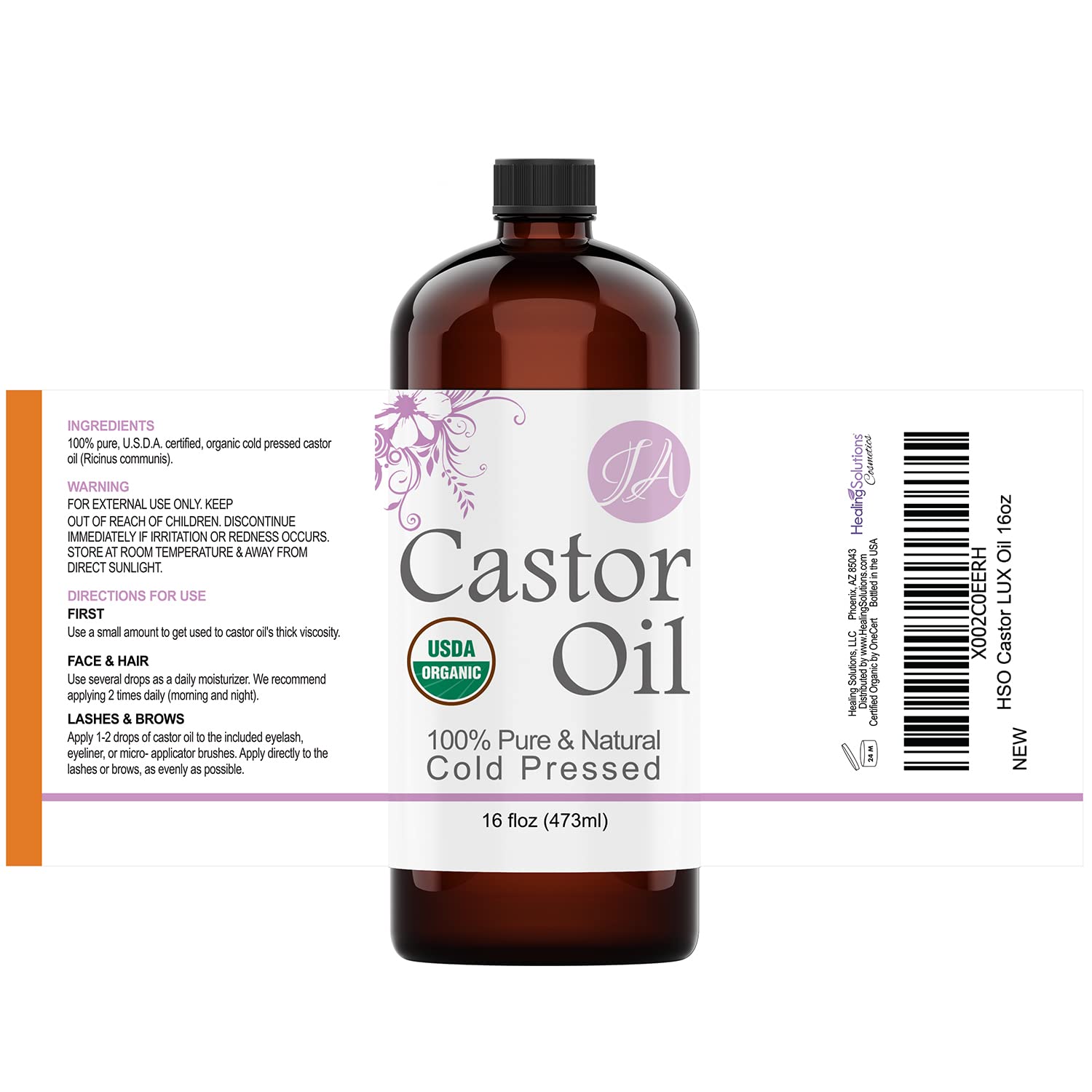 Healing Solutions Oils - 16 oz Castor Oil Organic Pure Natural, Cold Pressed, Hexane & Chemical Free Natural Solution, Lash Serum, Stimulates Growth For Hair, Eyelash, Eyebrows, Scalp & Beard - 473ml