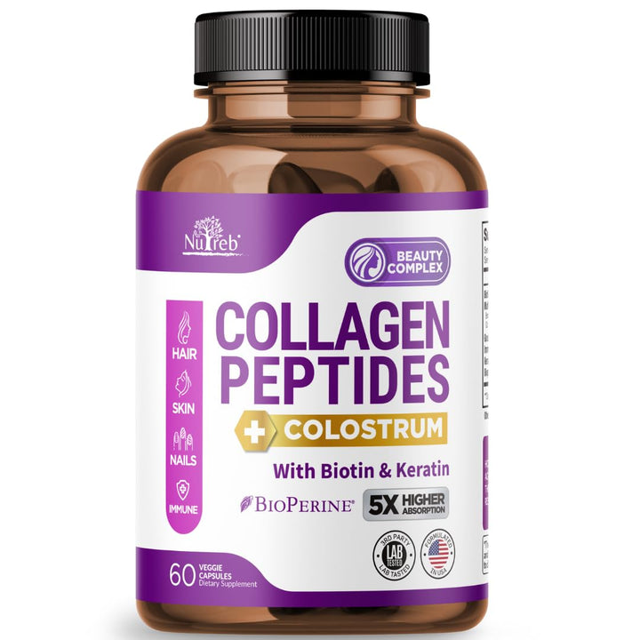 Nutreb Collagen Peptides for Women with Colostrum, Biotin and Keratin - 5X Higher Absorption - Type I, II, III, V, X - Hair Skin and Nails Vitamins - Collagen for Women - Collagen Pills - 60 Capsules