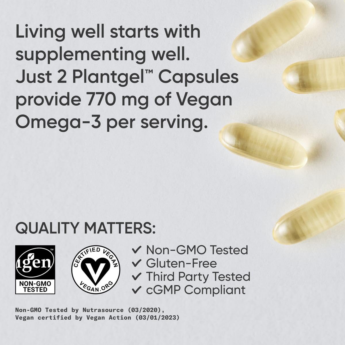 Sports Research Vegan Omega-3 Fish Oil Alternative from Algae Oil - Highest Levels of Vegan DHA & EPA Fatty Acids | Non-GMO Verified & Vegan Certified - Fresh Lemon Scent - 60 Veggie Softgels