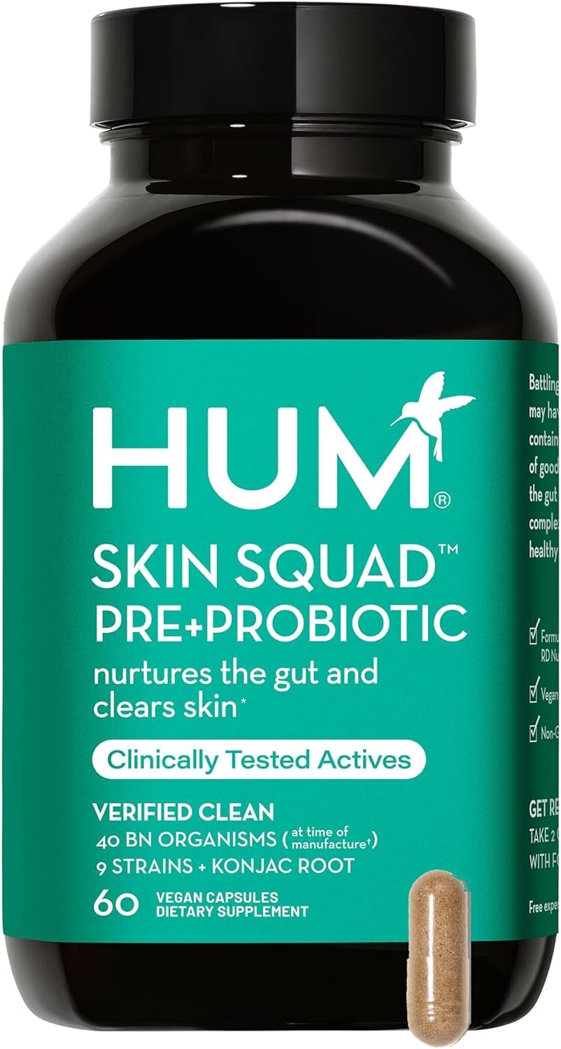 HUM Skin Squad - Probiotic Supplement for Clear Skin & Gut Health - Microbiome Probiotics for Problem Skin & Breakouts (60-Count)