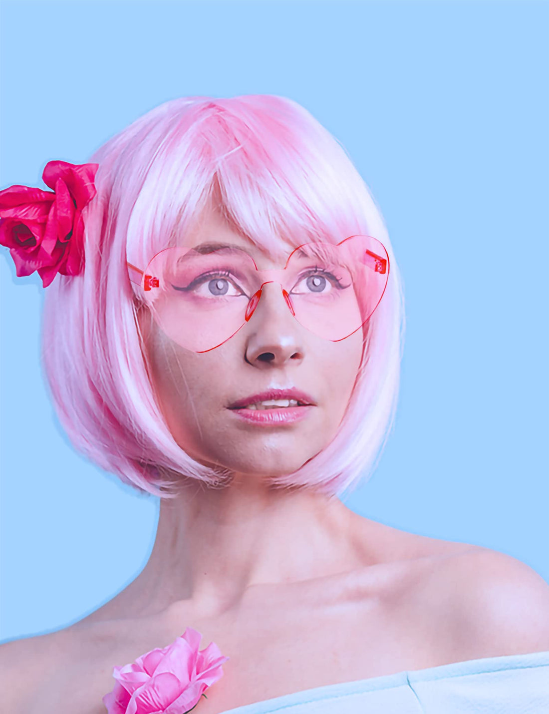 LIULIUBTY Short Bob Hair Wigs Straight with Flat Bangs Synthetic Colorful Cosplay Daily Party Neon Wig for Women + Free Wig Cap 12 Natural As Real (Cute Pink)