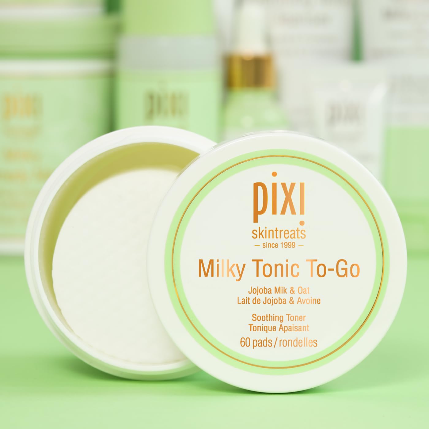 Pixi Milky Tonic to-Go, Calming & Hydrating Pads Containing Jojoba Milk, Infused with Oat Extract to Soothe, Alcohol-Free Daily Nourishing Toner On The Go, 60 Pads