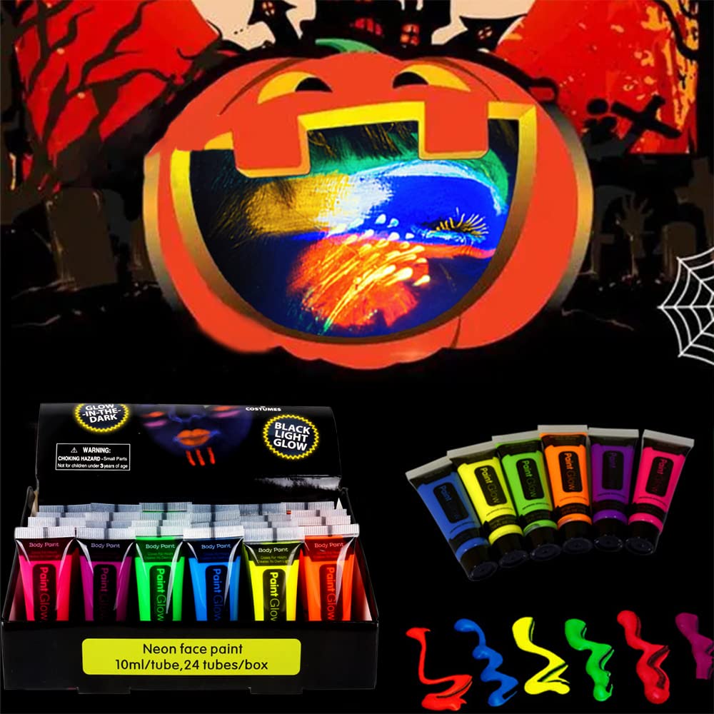 UV Neon Face & Body Paint Glow Kit -24 tubes/Box- Neon Face Paint In the Dark UV Glow Blacklight Halloween Face & Body Paint