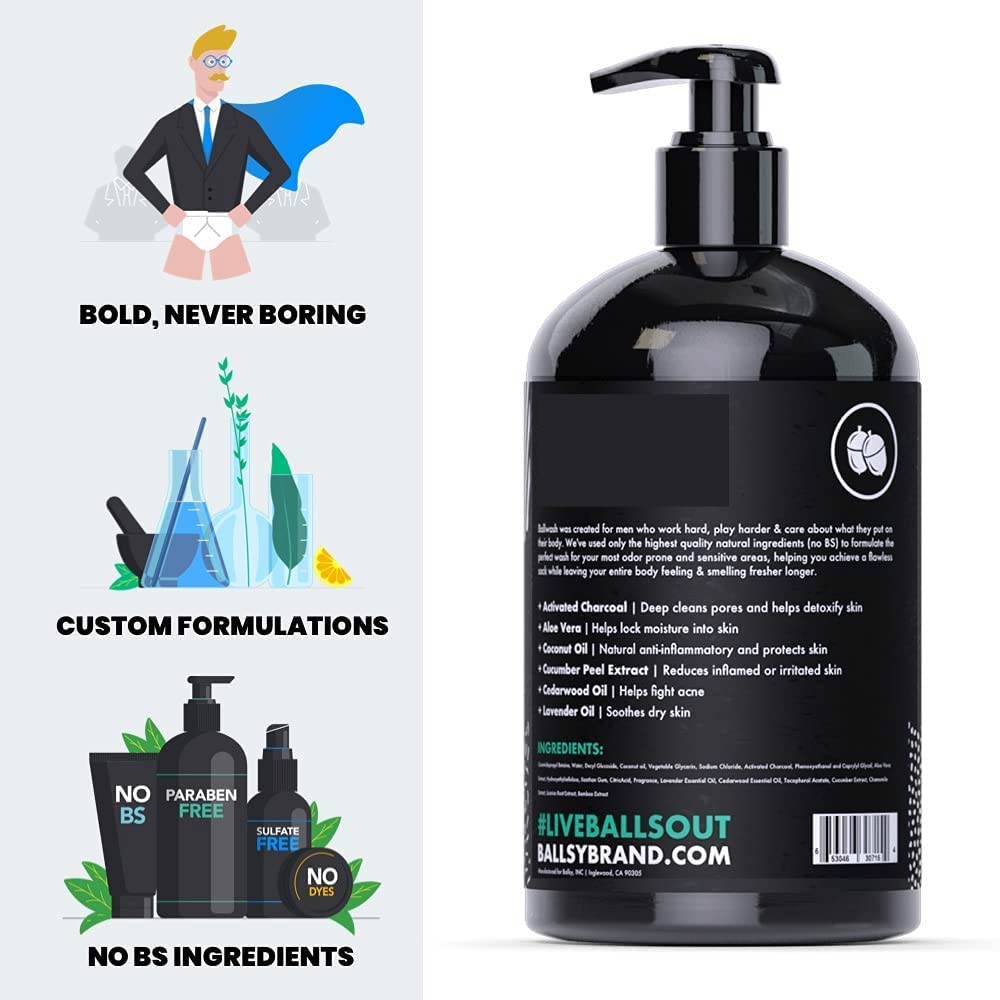Ballsy Men's Activated Charcoal Ball and Body Wash, Ballwash Hygiene Wash, 16oz
