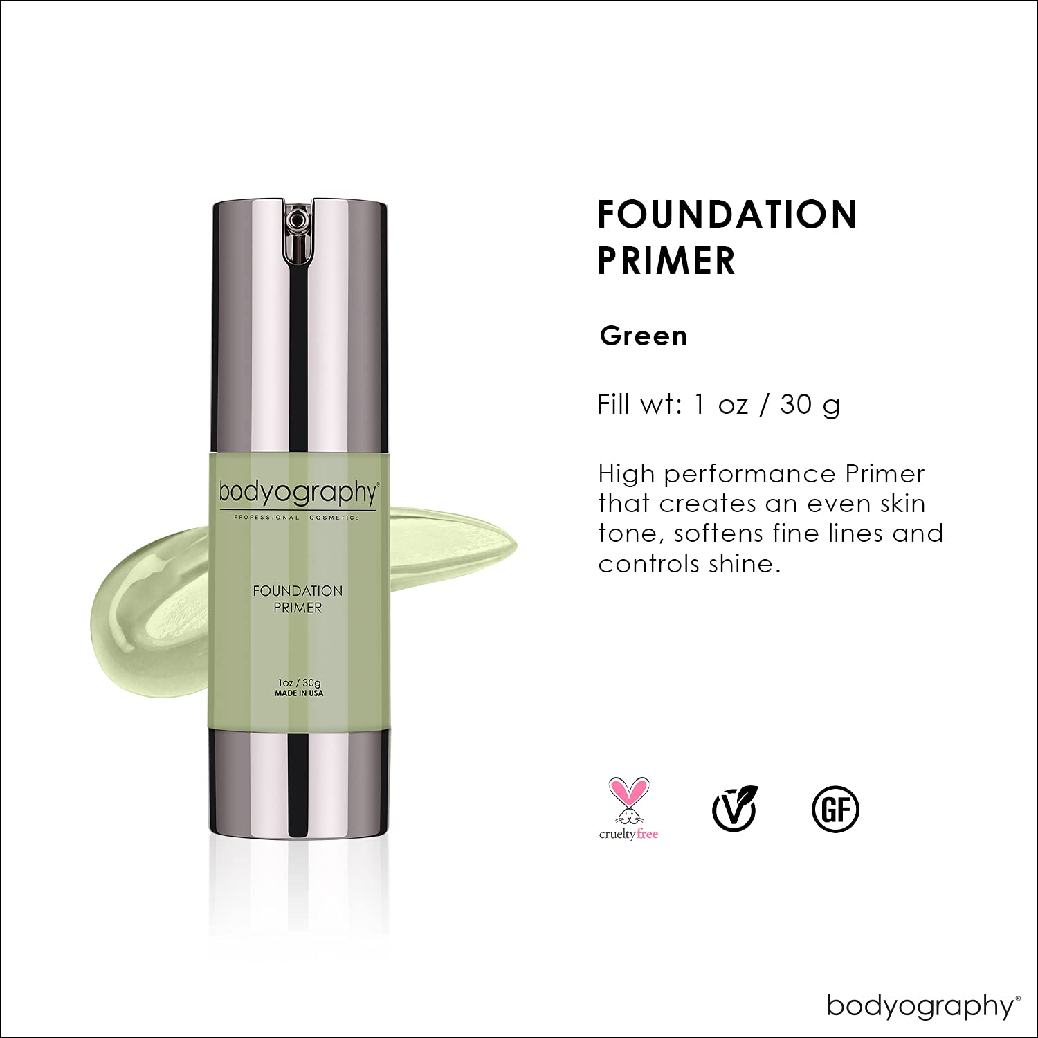 BODYOGRAPHY - Foundation Primer (Green): Flawless Anti-Aging Salon Makeup Primer w/Vitamin E, A, Jojoba, Grapeseed Oil | Control Shine | Gluten-Free, Cruelty-Free, 1 oz.