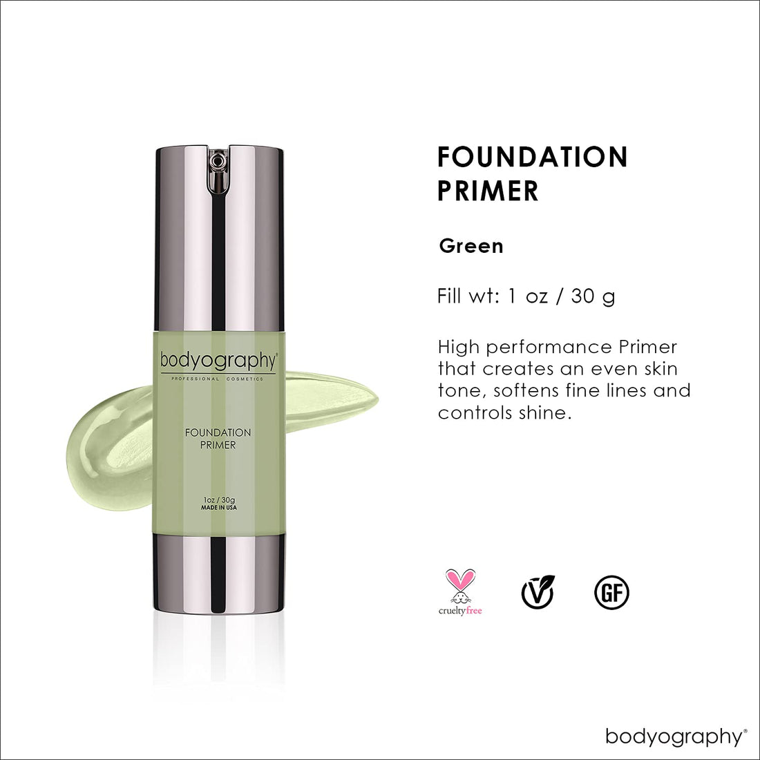 BODYOGRAPHY - Foundation Primer (Green): Flawless Anti-Aging Salon Makeup Primer w/Vitamin E, A, Jojoba, Grapeseed Oil | Control Shine | Gluten-Free, Cruelty-Free, 1 oz.