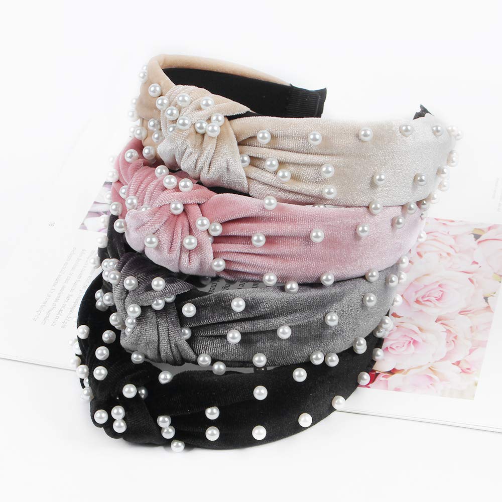Headbands Women Hair Head Bands - 6 Pcs Pearl Knotted Head Bands Cute Velvet Top Knot Turban Hairbands Fashion Girls Vintage Boho Beauty Wide headbands For Wash Face Makeup Fashion Hair Accessories