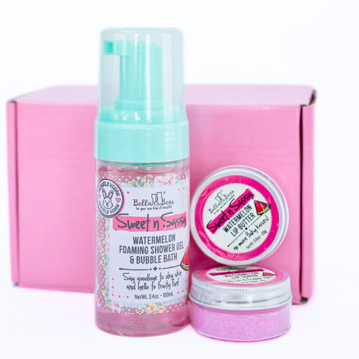 Bella & Bear Sweet 'n; Sassy Mini Bath & Body Gift Set with 2 in1 Foaming Shower Gel & Bubble Bath, Lip Scrub, Lip Butter -Easter gifts or Mothers Day basket.