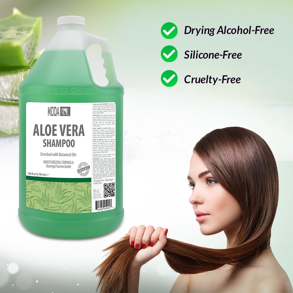 MODA - Moisturizing Shampoo for All Hair Types, Aloe Vera, 128 Oz, Professional - Deeply Cleanses and Conditions, Strengthens, Restores and Shine your Hair