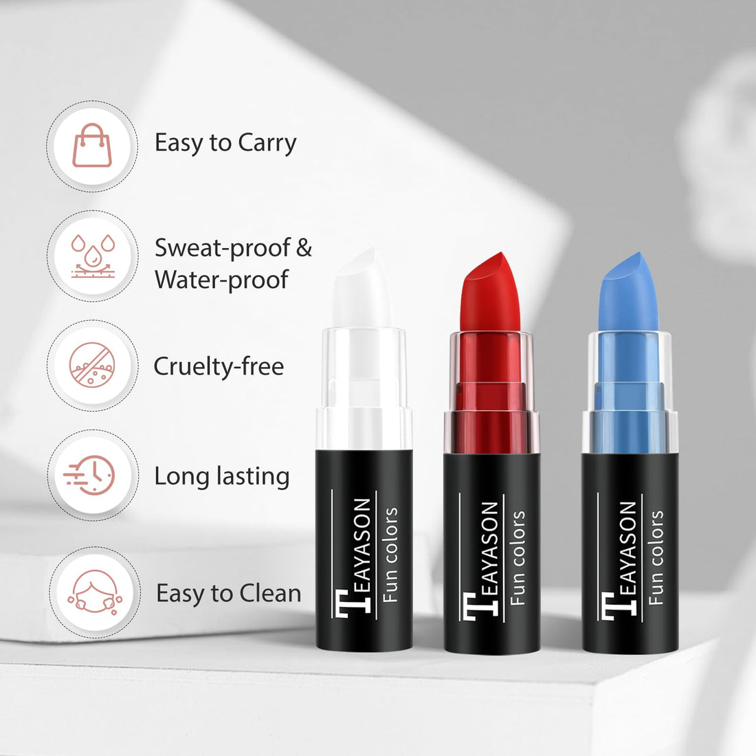 FIVEFULU Red Blue White Face Paint Halloween Makeup Kit, Matte Lipstick Set Eye Black Stick, Usa Themed Accessories Flag Color, Body Paint Face Makeup for Halloween Clown Harley Quinn Joker Makeup