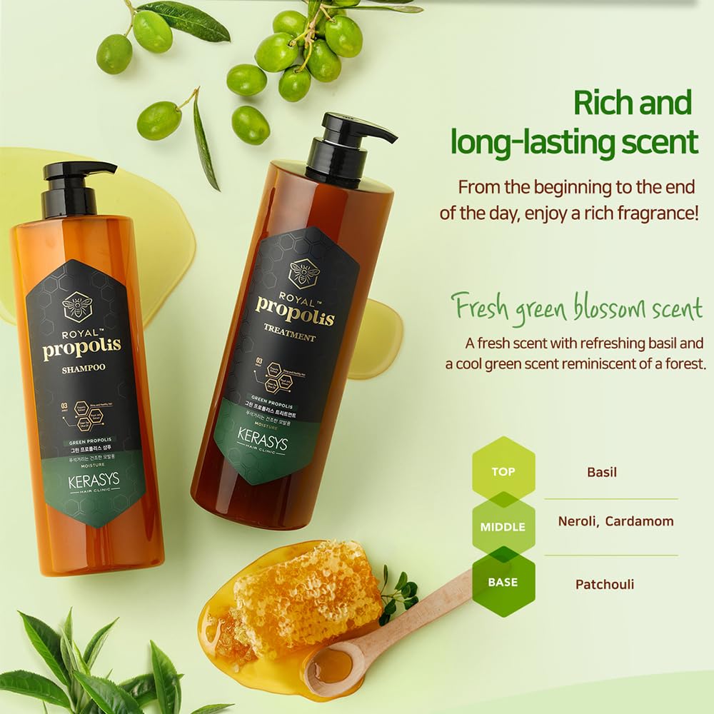 Kerasys Propolis Royal Jelly Extract Green Tea Olive Oil Shiny and Healthy Hair Propolis Green Moisture 33.8 fl oz / 1L (Shampoo, 1-Pack)