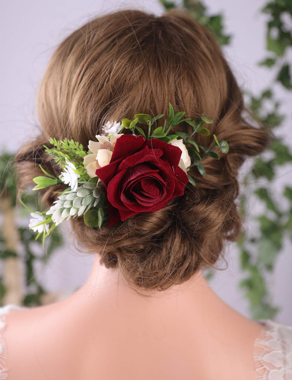 Anglacesmade Bridal Flower Hair Comb Burgundy Dark Red Rose Cream Daisy Eucalyptus Greenery Headpiece for Rustic Wedding Photo Shoot Prom Party Festival
