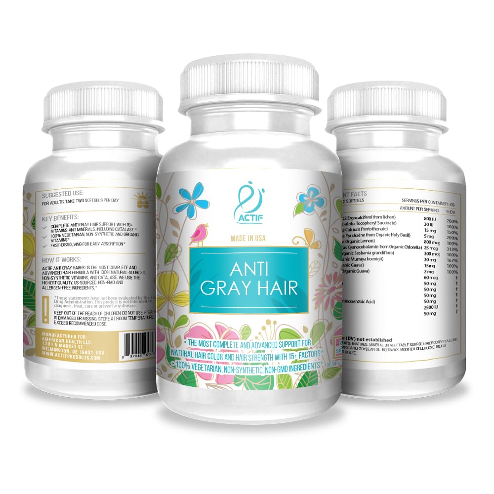 ACTIF Anti-Gray Hair Mega Support for Women with 15+ Advanced Hair Factors, Catalase, Biotin, PABA, Non-GMO, Made in USA, 90 Count