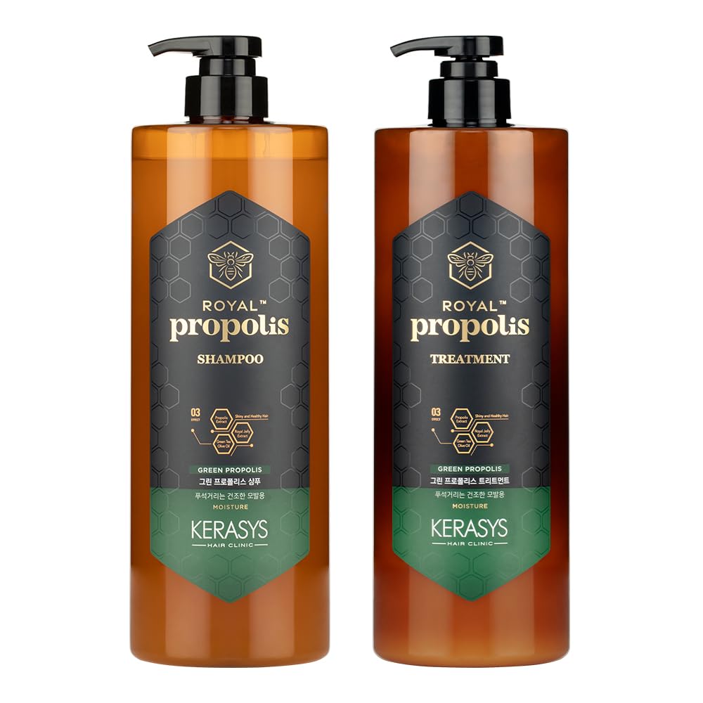Kerasys Propolis Royal Jelly Extract Green Tea Olive Oil Shiny and Healthy Hair Propolis Green Moisture 33.8 fl oz / 1L (Shampoo + Treatment Set)