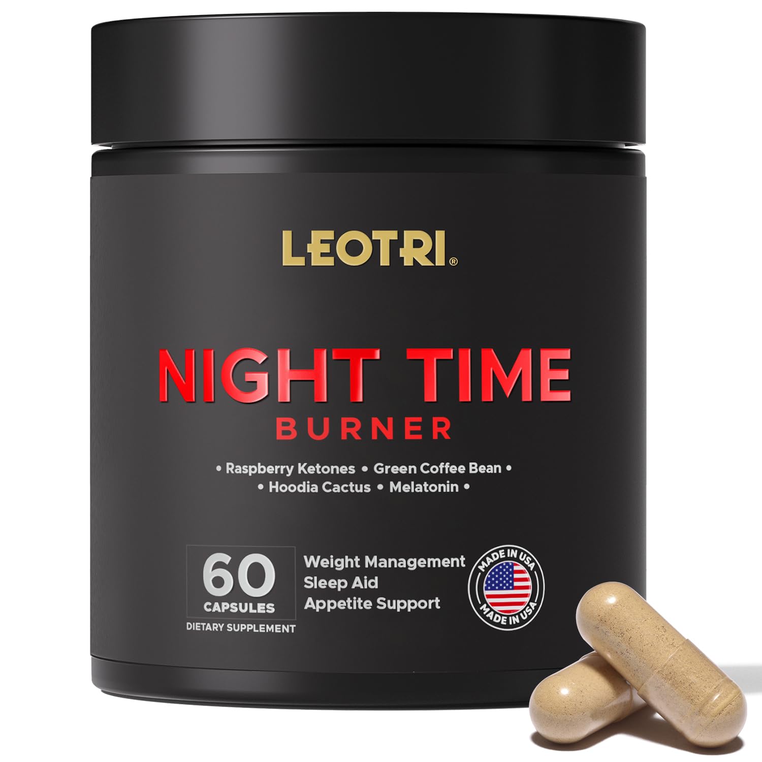 Leotri Night Burn Supplement: Raspberry Ketones Green Coffee Bean Hoodia Cactus Melatonin - Made in USA (60 Vegetarian Capsules)