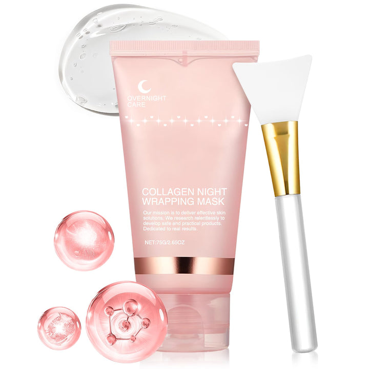 MUOCOBU Collagen Overnight Wrapping Peel Off Face Mask Collagen Face Mask Overnight-Deep Hydration Care, Reduce Sagging & Dullness for Glowing Skin 2.65 fl.oz, Brush Included (PINK)
