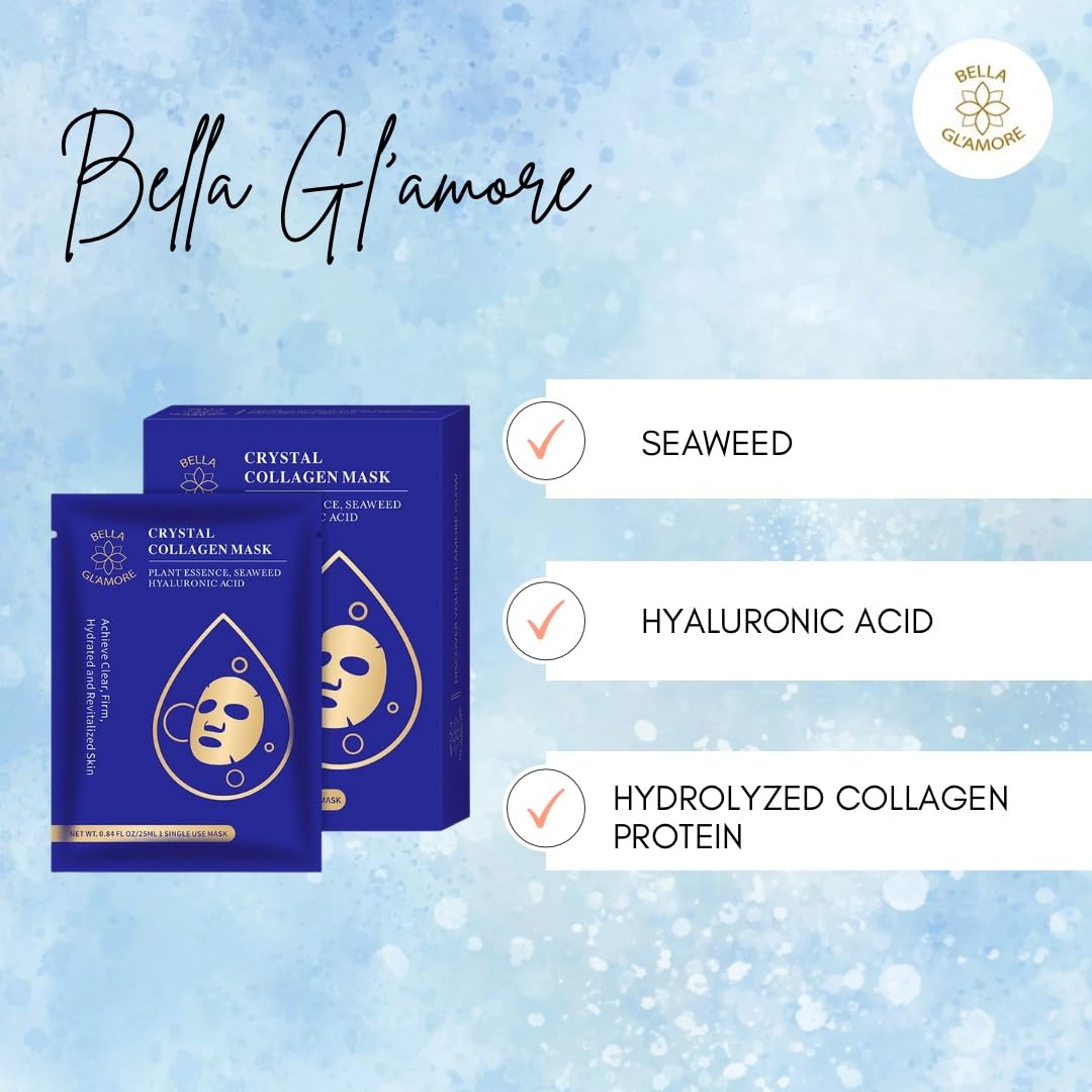 Bella Gl'amore Crystal Collagen Beauty Facial Mask, Facial Spa Mask, Plant Essence, Seaweed, Hyaluronic Acid, Hydrating, Moisturizing, Revitalizing, Anti-Aging, 10-Pack