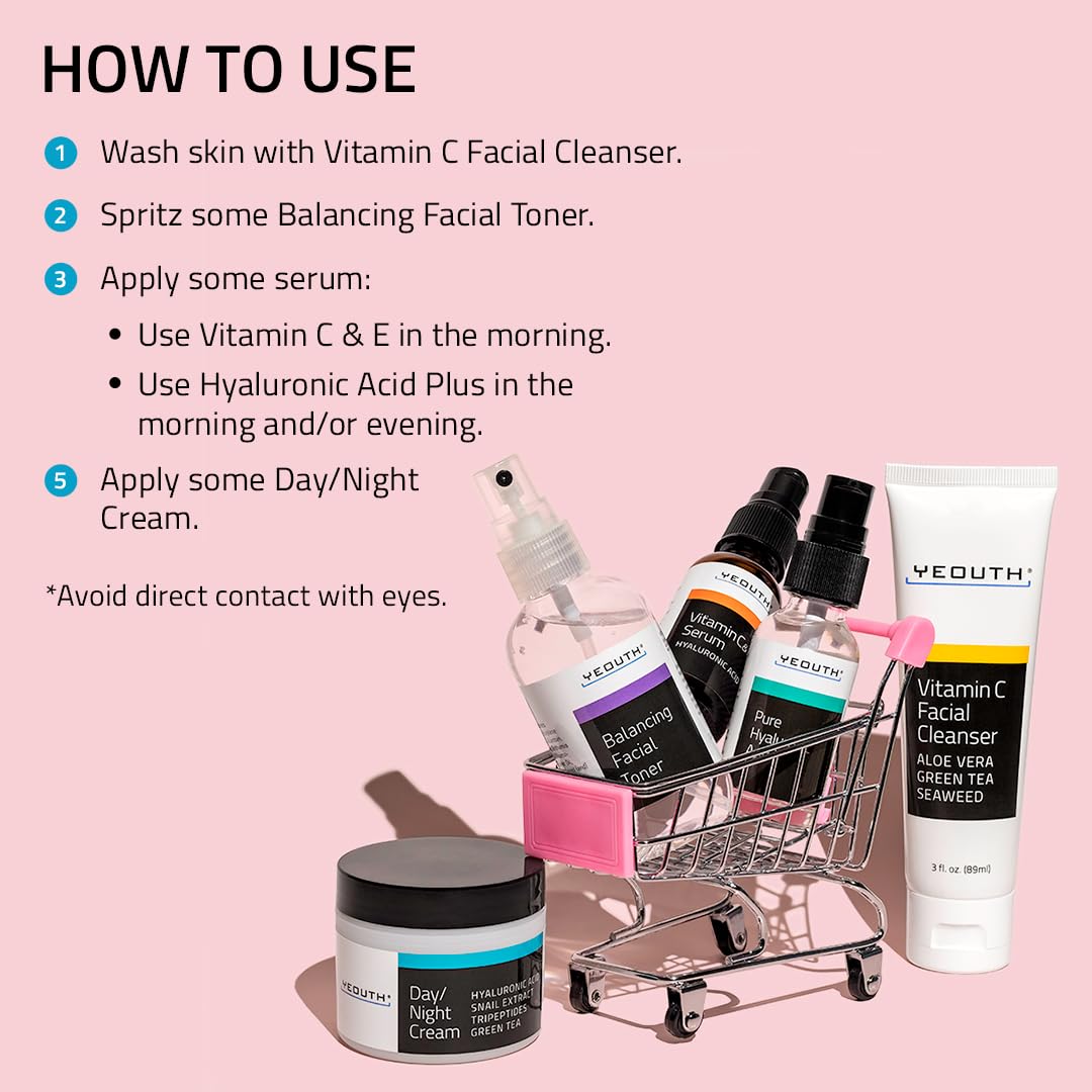 Anti-aging Kit Twenties - YEOUTH 5 Pack Anti aging Beauty Gift Set - Vitamin C Facial Cleanser - Balancing Toner for Face - Vitamin C & E Serum for Skin - Day Night Snail Cream Moisturizer