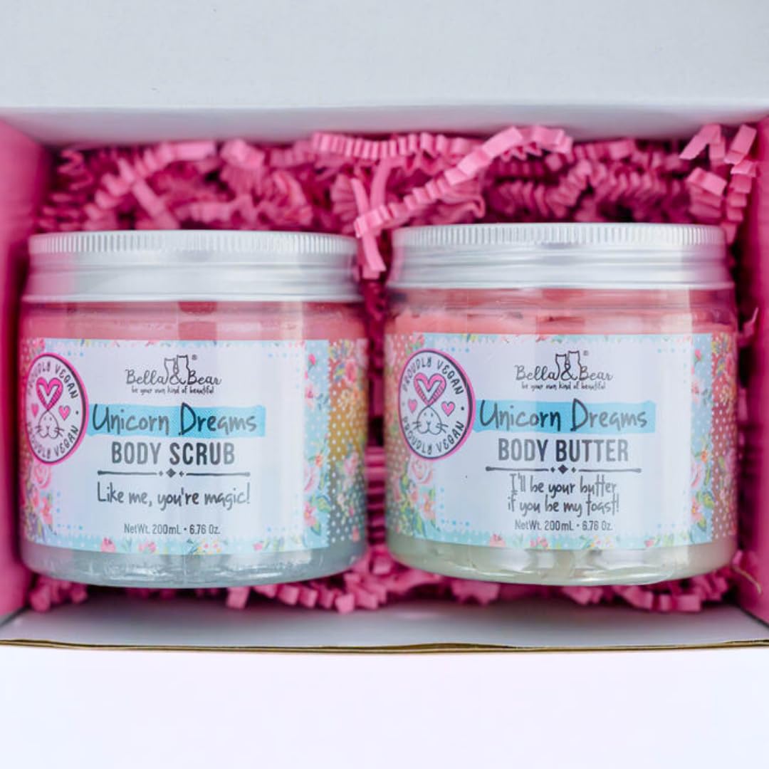 Bella & Bear Unicorn Dreams Gift Set - 3-in-1 Body Scrub & Goddess Body Butter in Glossy Pink Box - Vegan, Cruelty-Free, Mango-Pineapple-Vanilla Scent