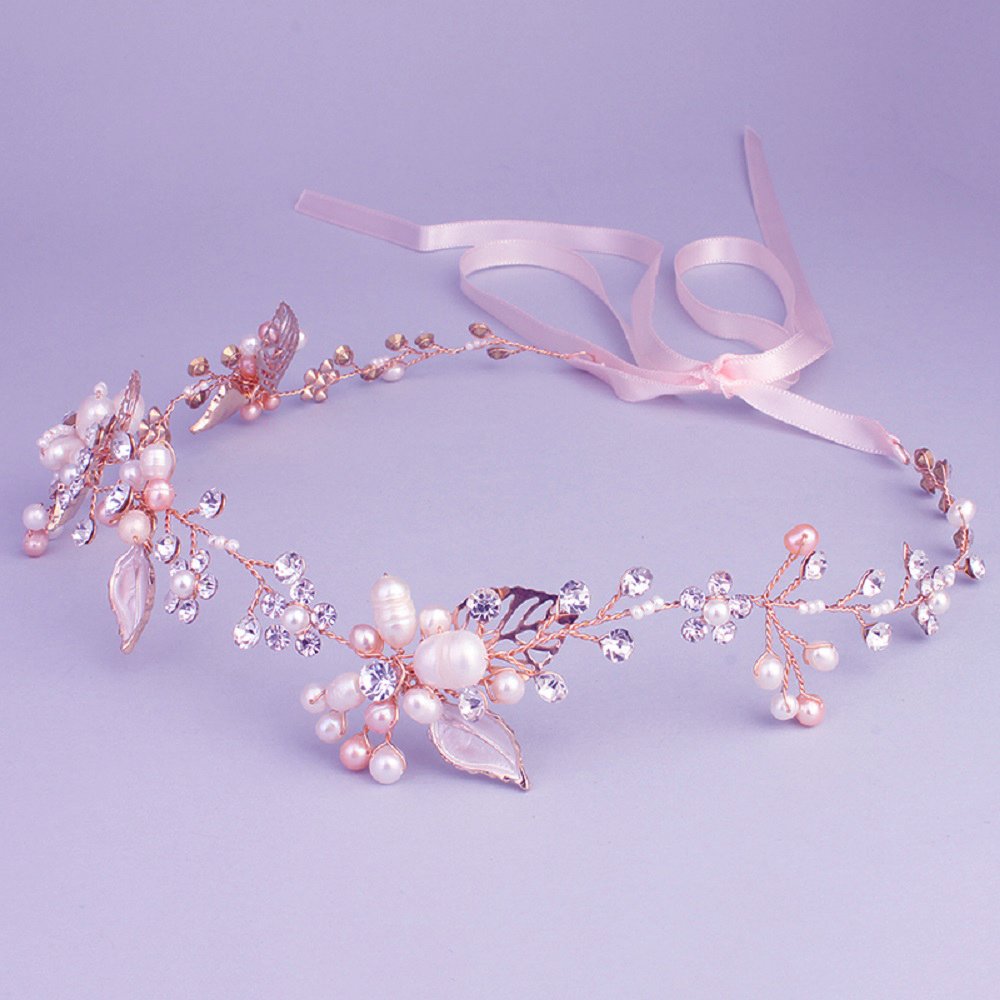Ammei Bridal Crystal Headband with Freshwater Pearls Fer Design Wedding Hair Accessories (Rose Gold)