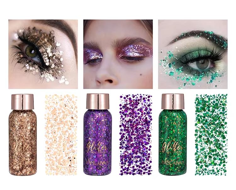 3 Color Glitter Mascara Contour Face Makeup,Body Glitter,Bright,Long-Lasting,Shimmer, for Face and Body Gel Pearlescent Festival Makeup (C, 4.6 Ounce (Pack of 3))