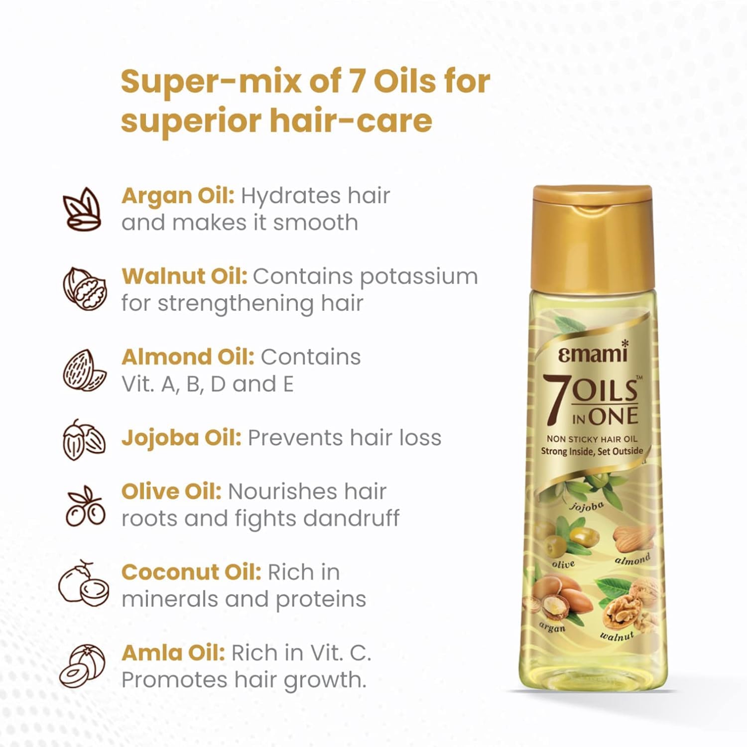 Emami 7-in-1 Hair Oil | with Natural Ayurvedic Herbs | Repairs Hair Damage | Nourishes Scalp | Fights Dandruff | Provides Strong & Healthy Hairs | 3.38 Fl Oz/100ml