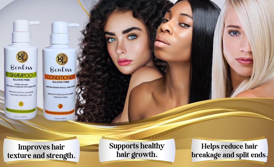 Benliss Shampoo and Conditioner Set With Argan and Macadamia Oil- Sulfate Free - For Straight, Curly, Frizzy, Dry - Hair Repair for Damaged Hair - Anti Frizz - Removing Split Ends